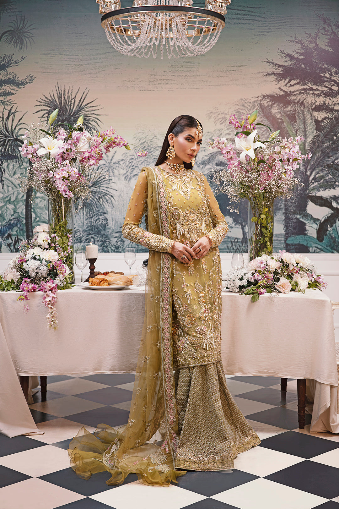 Pakistani Olive Embellished Net Kameez with Gharara (3-Piece) - Image 3