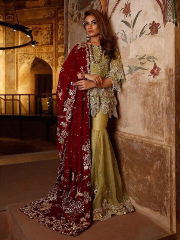 Pakistani Olive Embroidered Silk Gharara Set (3-Piece) - Image 1