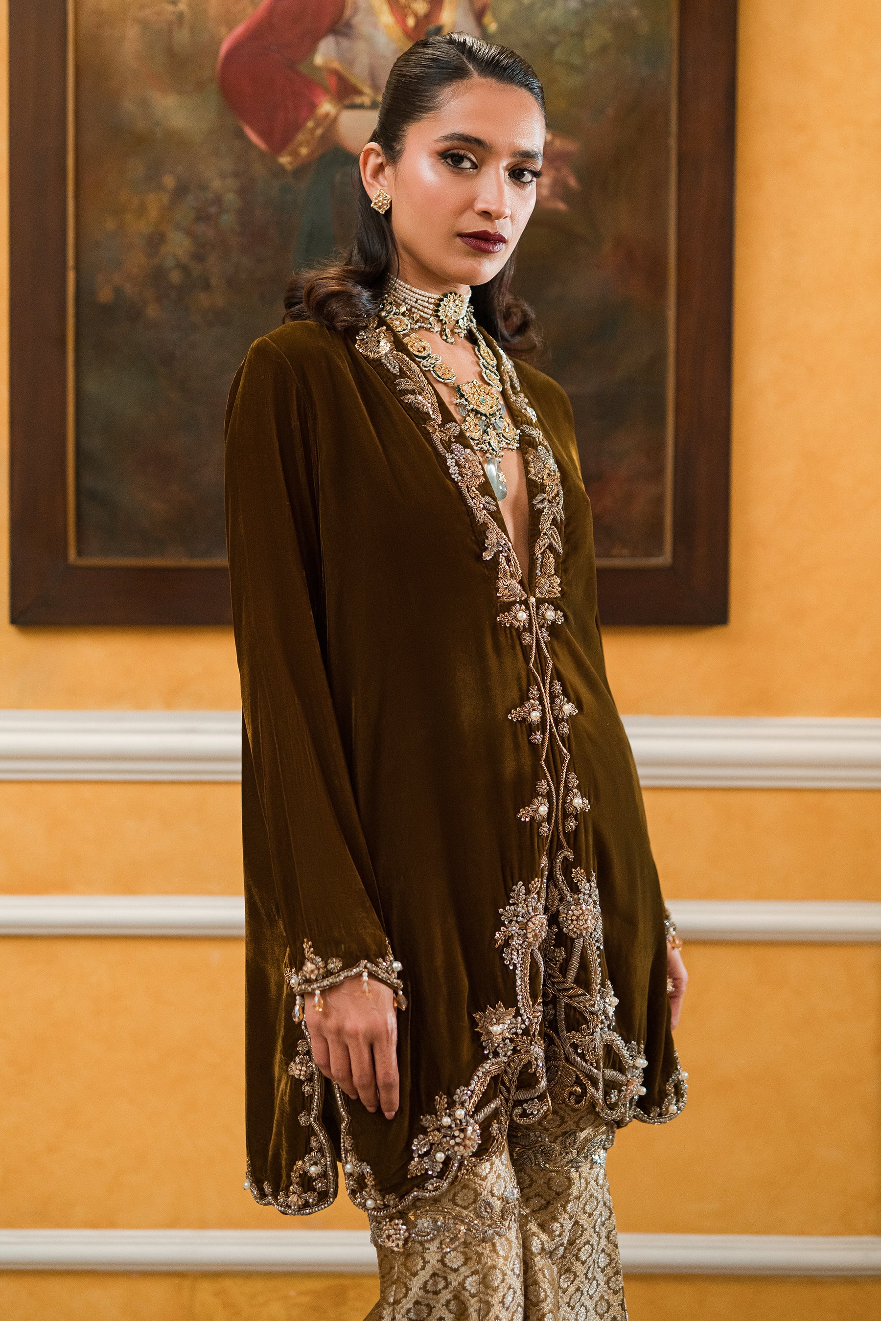 Olive Brown Zardozi Velvet Shirt with Brocade Gharara (2-Piece) - Image 2