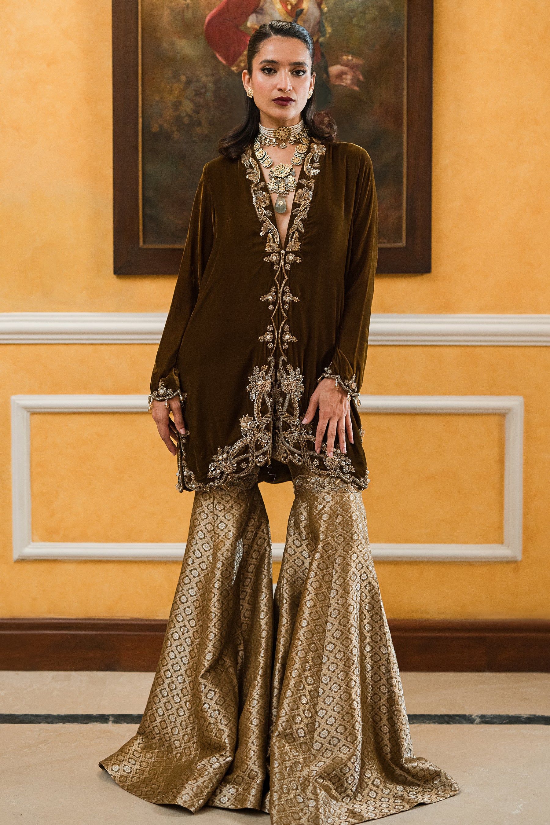 Pakistani Olive Brown Zardozi Velvet Shirt with Brocade Gharara (2-Piece) - Image 1