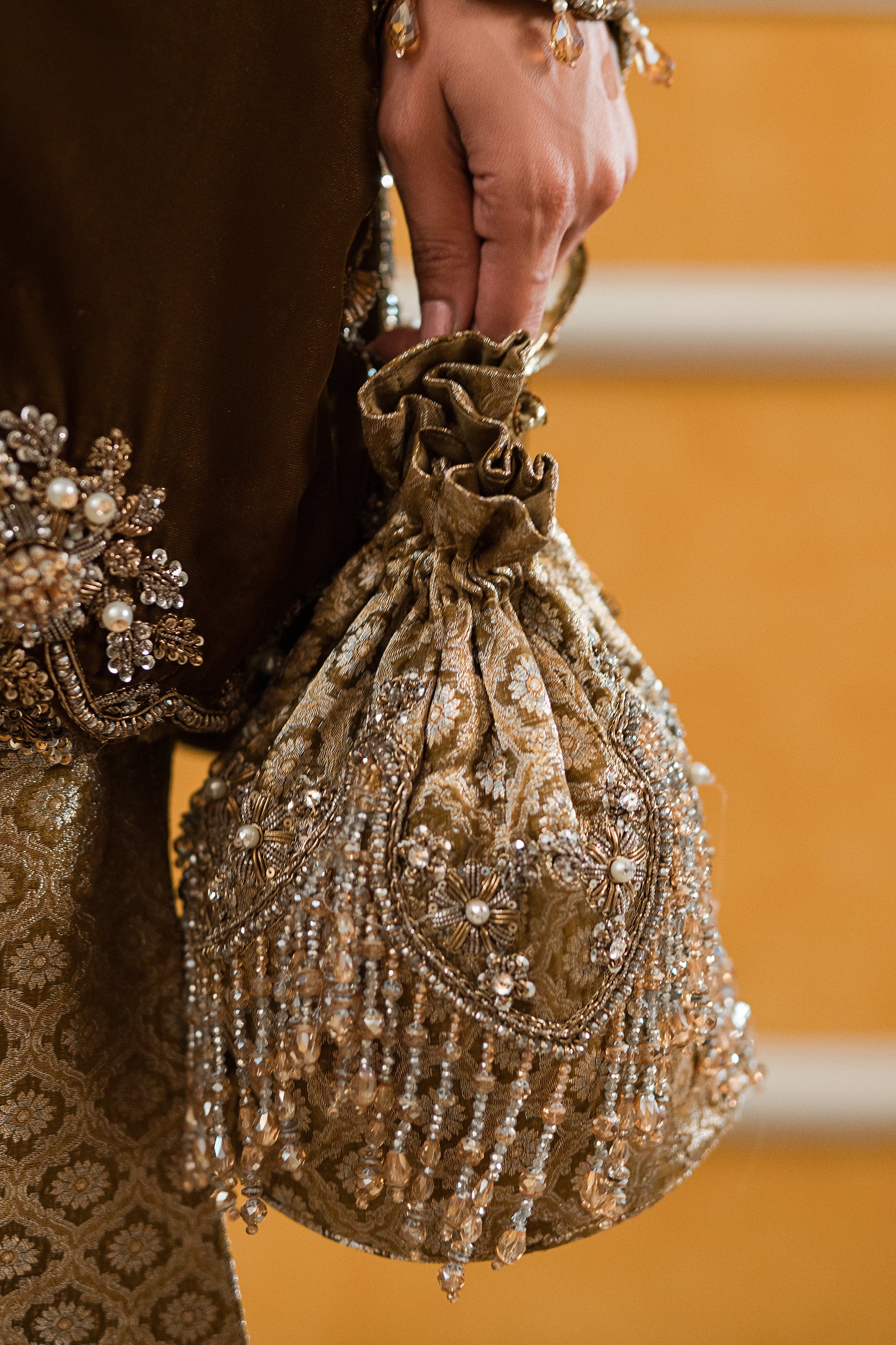Pakistani Olive Brown Zardozi Velvet Shirt with Brocade Gharara (2-Piece) - Image 3