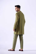Olive Embroidered Cotton Karandi Kurta Pajama (2-Piece) - Image 4