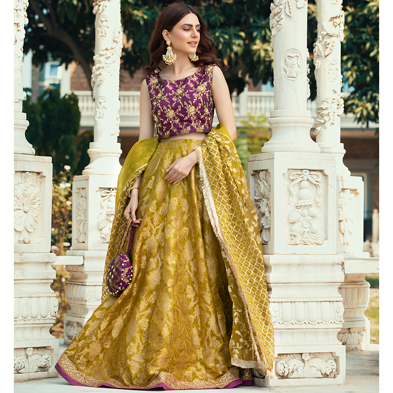 Olive Brocade Lehenga with Plum Embroidered Choli (4-Piece) - Image 1