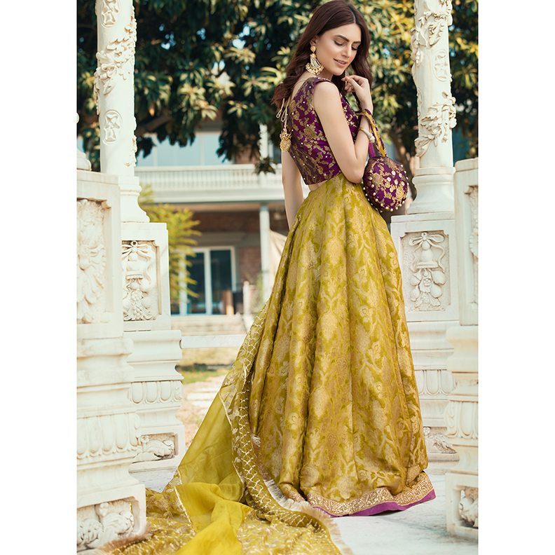 Olive Brocade Lehenga with Plum Embroidered Choli (4-Piece) - Image 2