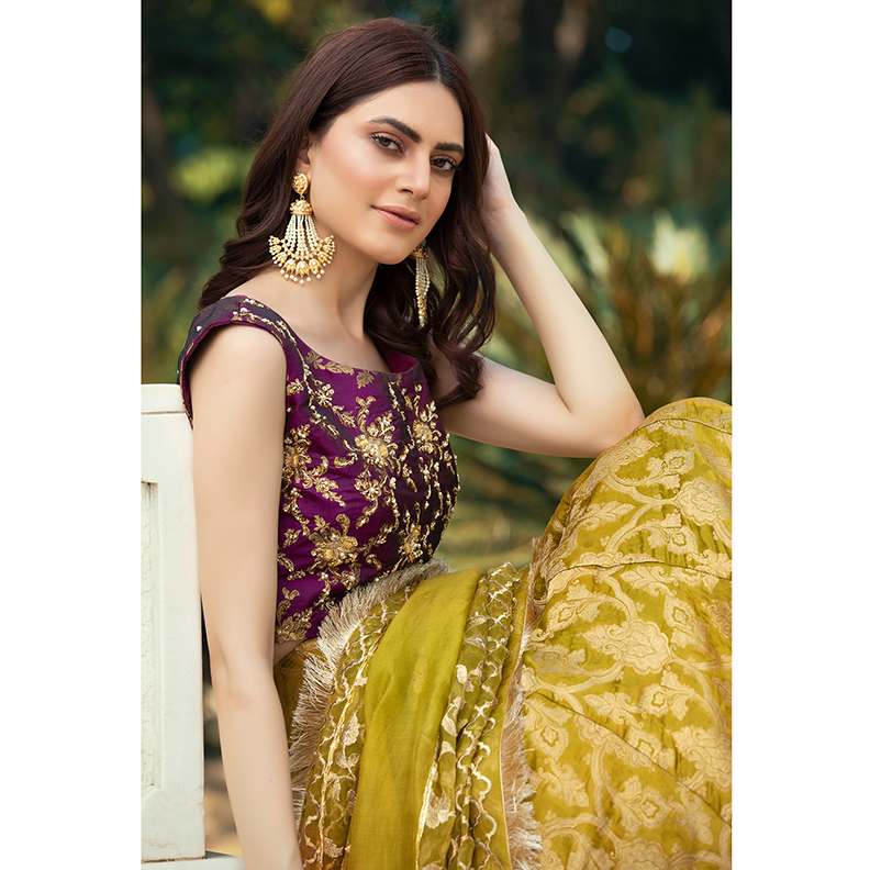 Olive Brocade Lehenga with Plum Embroidered Choli (4-Piece) - Image 3