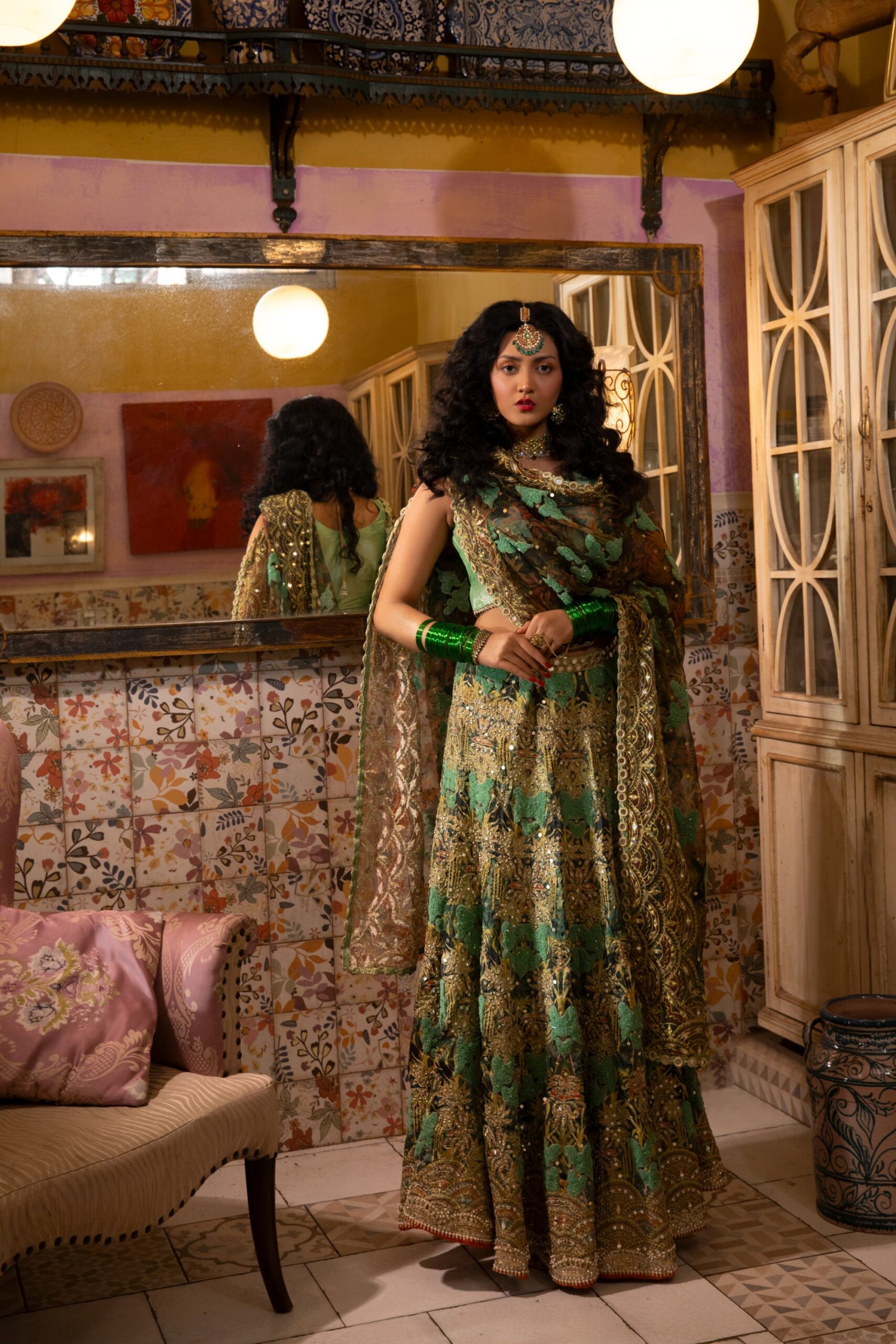 Pakistani Dusky Olive Embellished Net Silk Bridal Lehenga (3-Piece) - Image 1