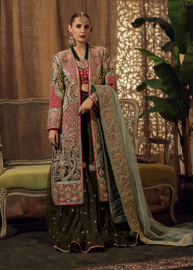 Deep Olive & Crimson Embroidered Bridal Jacket Lehenga (3-Piece) - Image 1