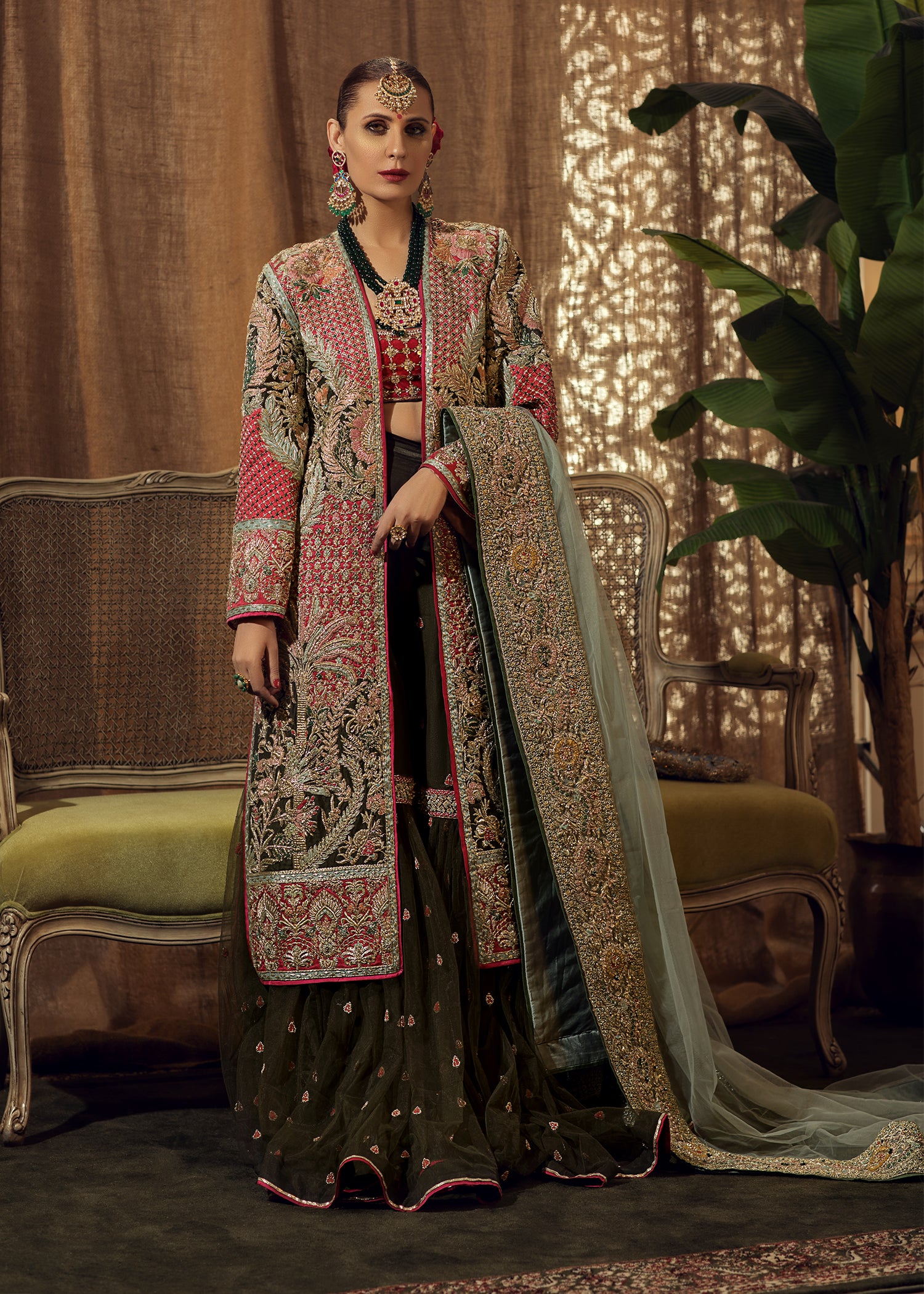 Deep Olive & Crimson Embroidered Bridal Jacket Lehenga (3-Piece) - Image 2