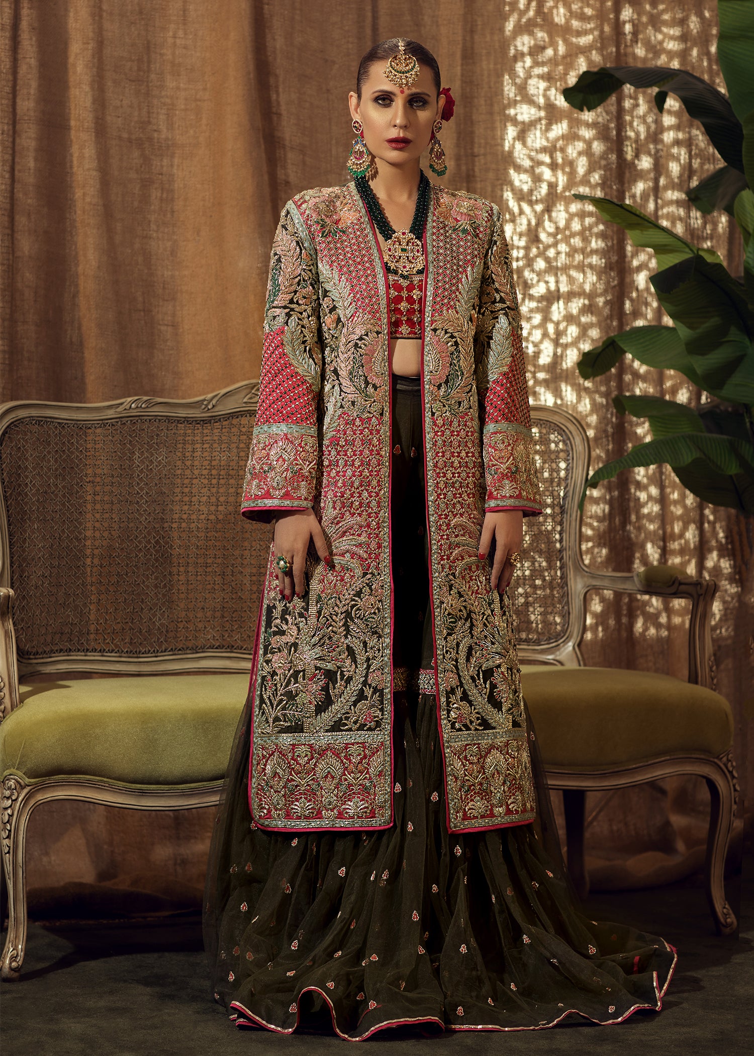 Deep Olive & Crimson Embroidered Bridal Jacket Lehenga (3-Piece) - Image 3