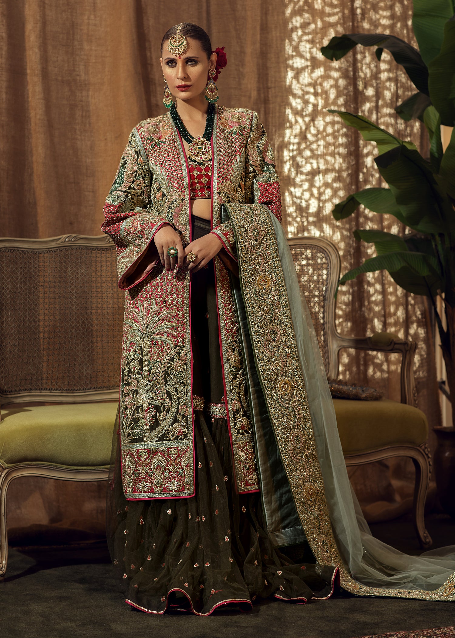 Deep Olive & Crimson Embroidered Bridal Jacket Lehenga (3-Piece) - Image 5