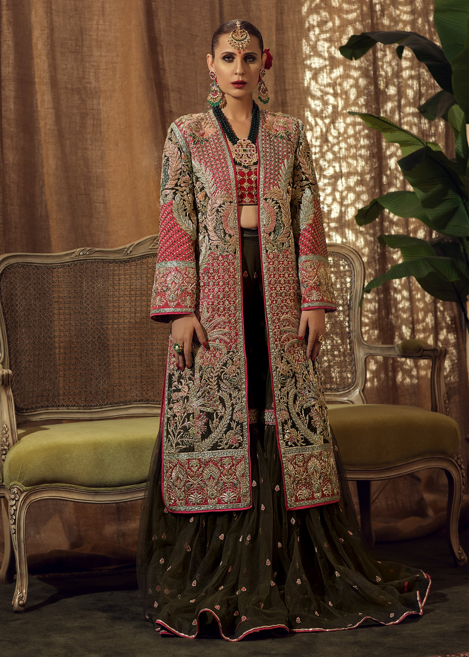 Deep Olive & Crimson Embroidered Bridal Jacket Lehenga (3-Piece) - Image 6