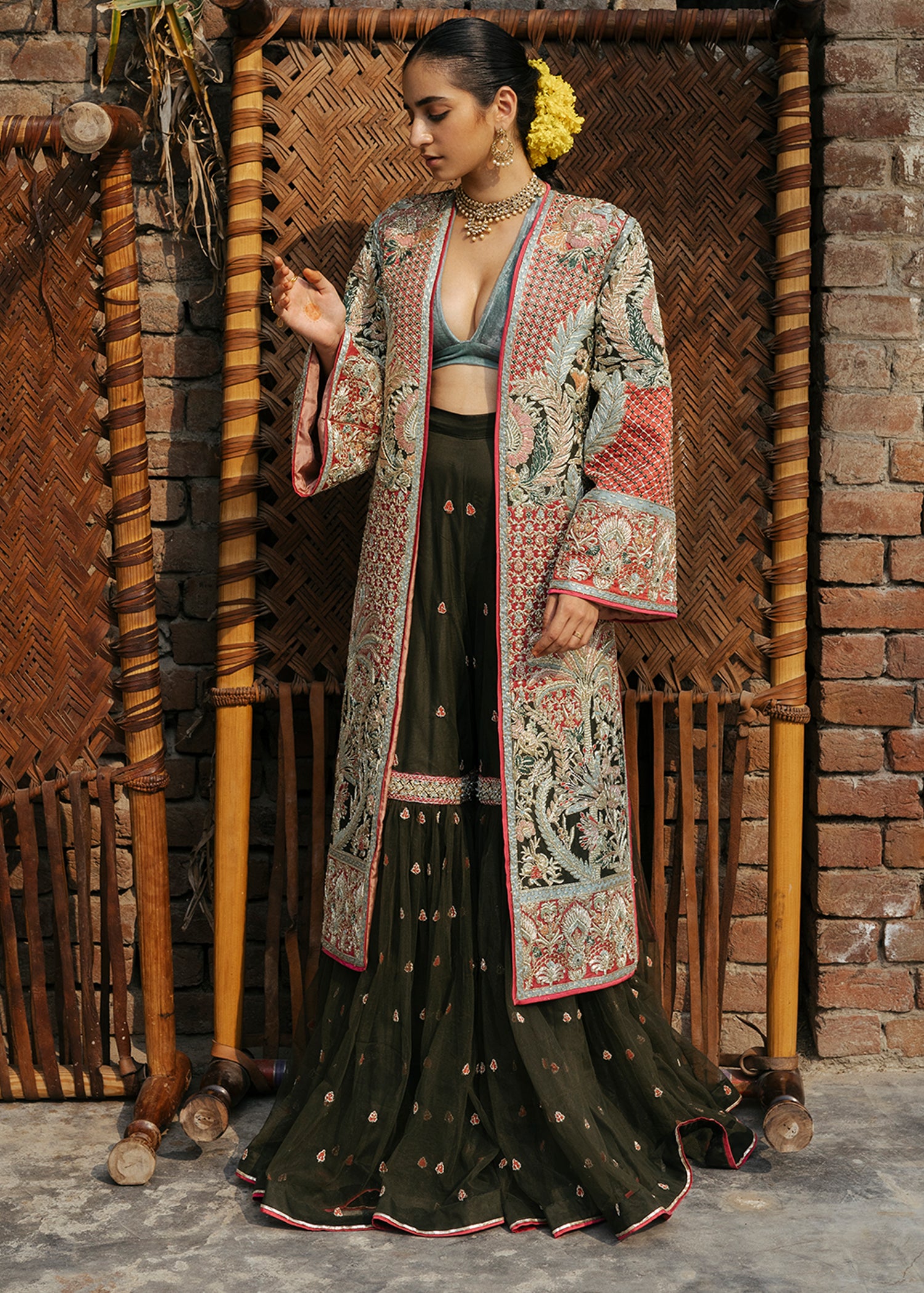 Deep Olive & Crimson Embroidered Bridal Jacket Lehenga (3-Piece) - Image 7