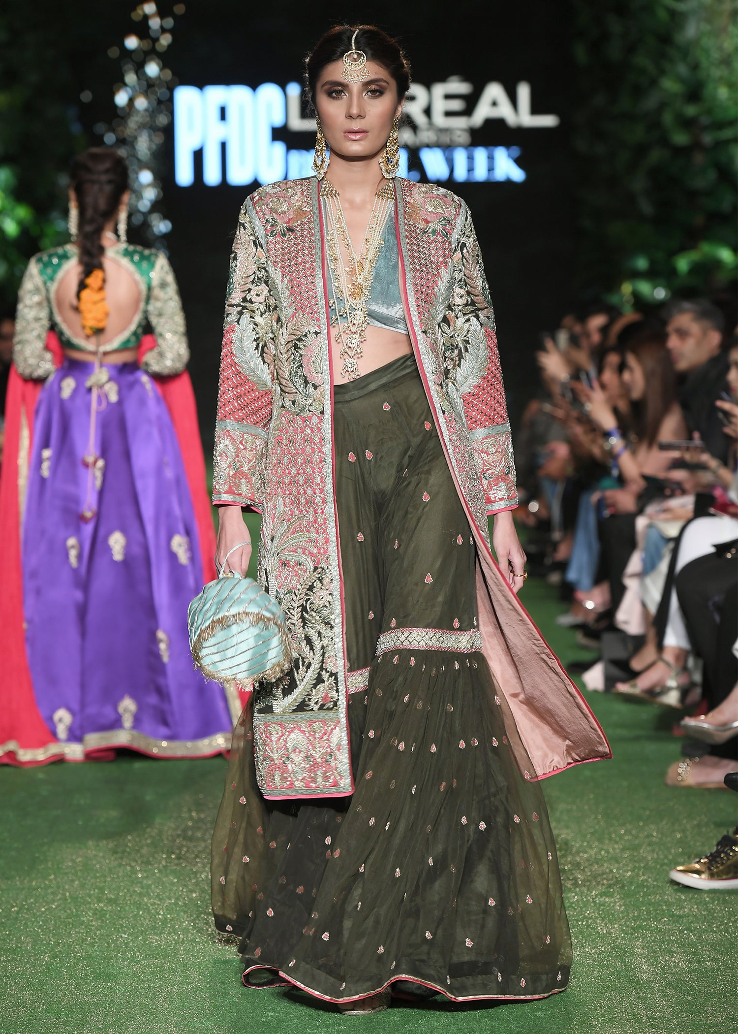 Deep Olive & Crimson Embroidered Bridal Jacket Lehenga (3-Piece) - Image 8