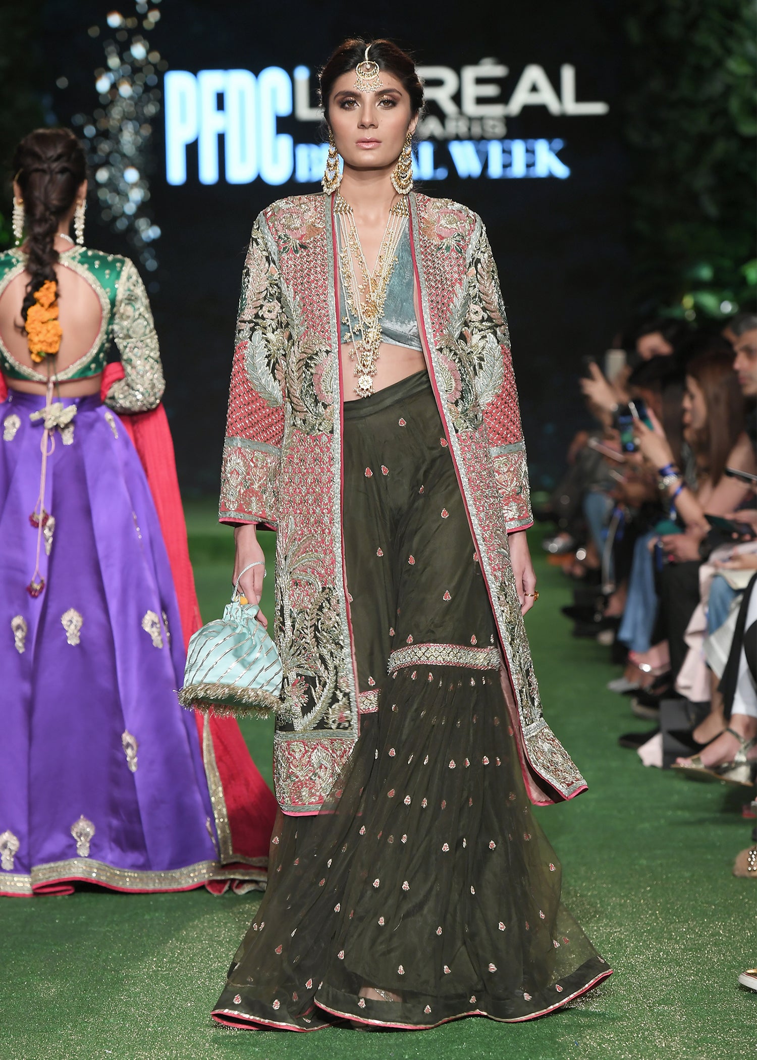 Deep Olive & Crimson Embroidered Bridal Jacket Lehenga (3-Piece) - Image 9