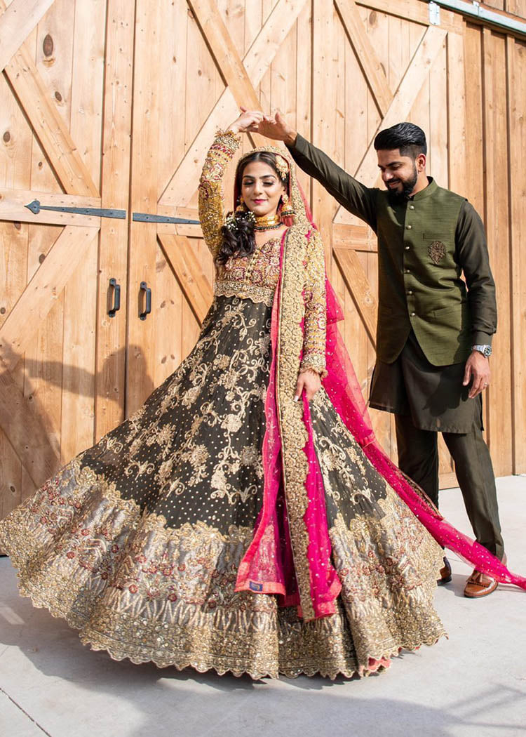 Pakistani Deep Olive Gold Embellished Silk-Blend Bridal Lehenga (3-Piece) - Image 1