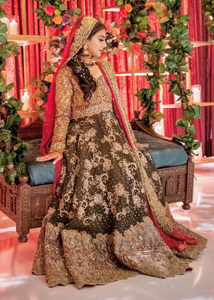 Pakistani Deep Olive Gold Embellished Silk-Blend Bridal Lehenga (3-Piece) - Image 2