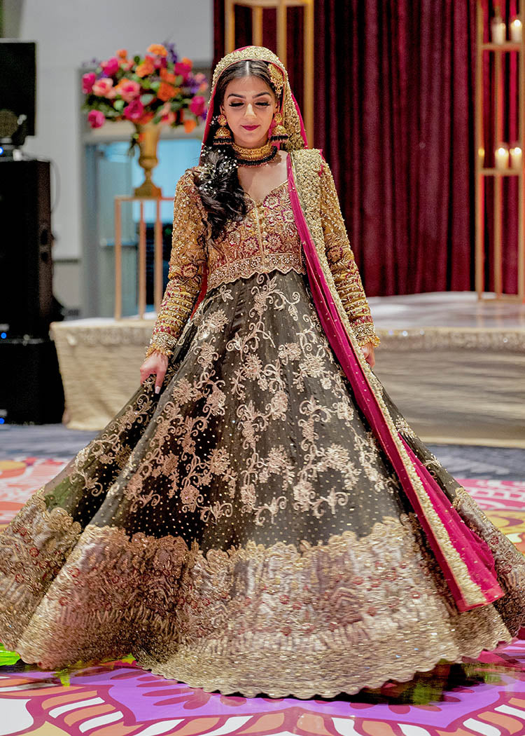 Pakistani Deep Olive Gold Embellished Silk-Blend Bridal Lehenga (3-Piece) - Image 3