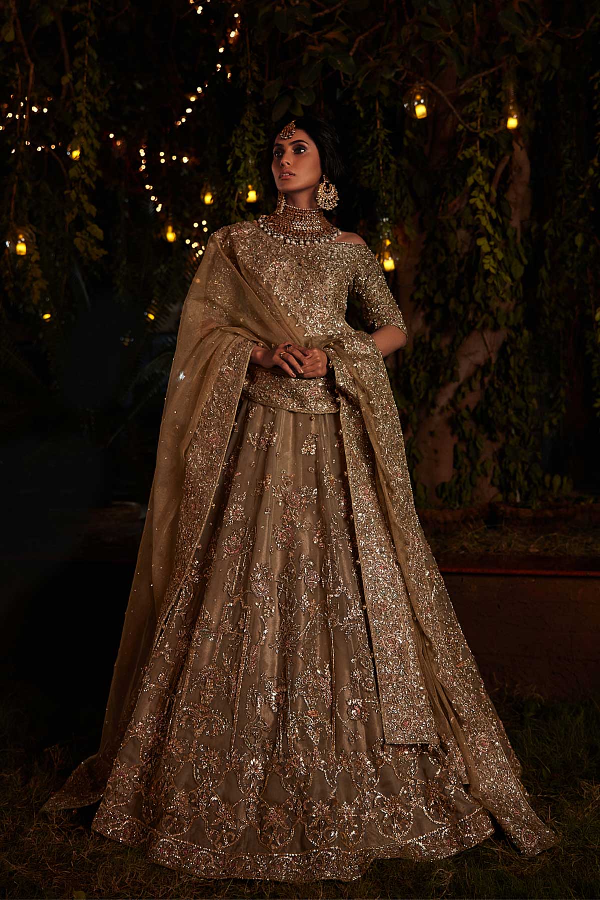 Pakistani Olive Green Embroidered Silk Organza & Tissue Lehenga (3-Piece) - Image 1