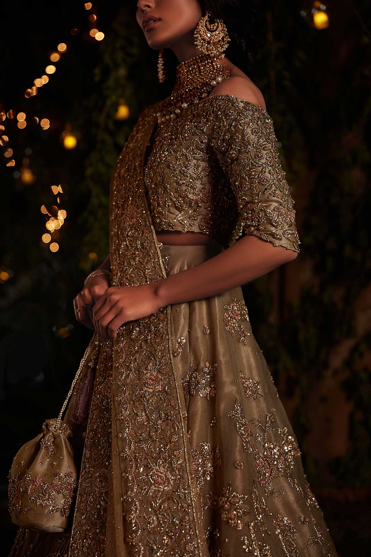 Pakistani Olive Green Embroidered Silk Organza & Tissue Lehenga (3-Piece) - Image 2
