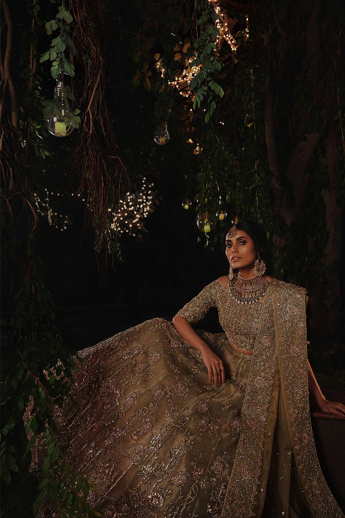 Pakistani Olive Green Embroidered Silk Organza & Tissue Lehenga (3-Piece) - Image 3