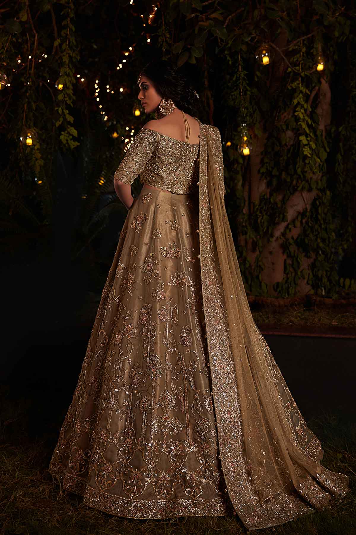 Pakistani Olive Green Embroidered Silk Organza & Tissue Lehenga (3-Piece) - Image 4