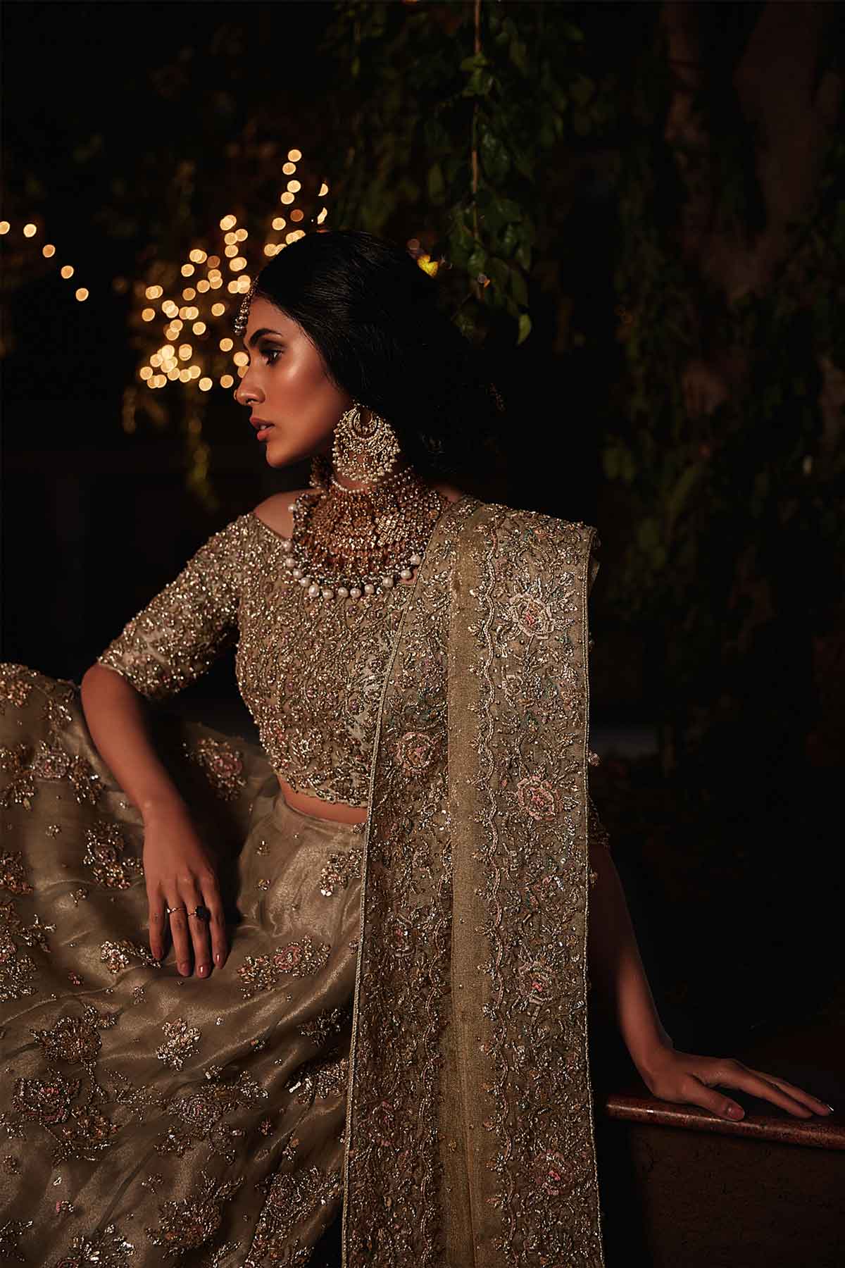 Pakistani Olive Green Embroidered Silk Organza & Tissue Lehenga (3-Piece) - Image 5