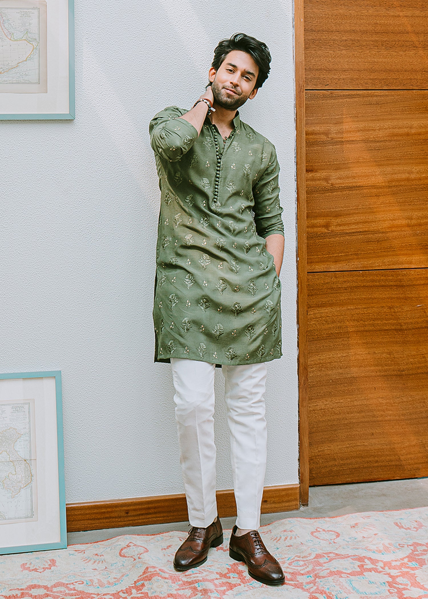 Olive Green Embroidered Rawsilk Kurta (2-Piece) - Image 1