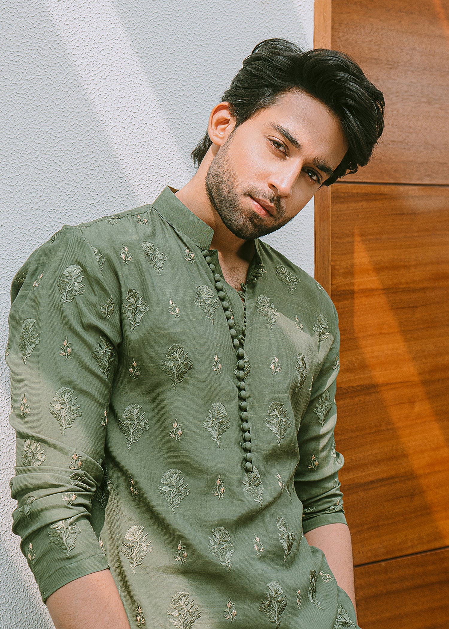 Olive Green Embroidered Rawsilk Kurta (2-Piece) - Image 2