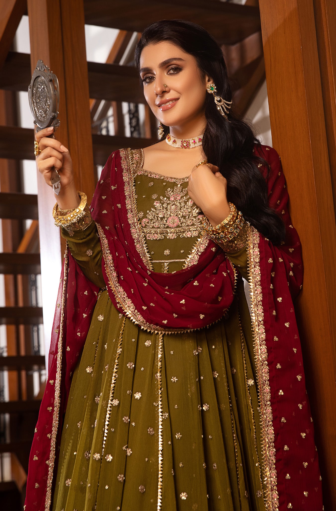 Olive Gold Embroidered Chiffon Pishwas (2-Piece) - Image 5