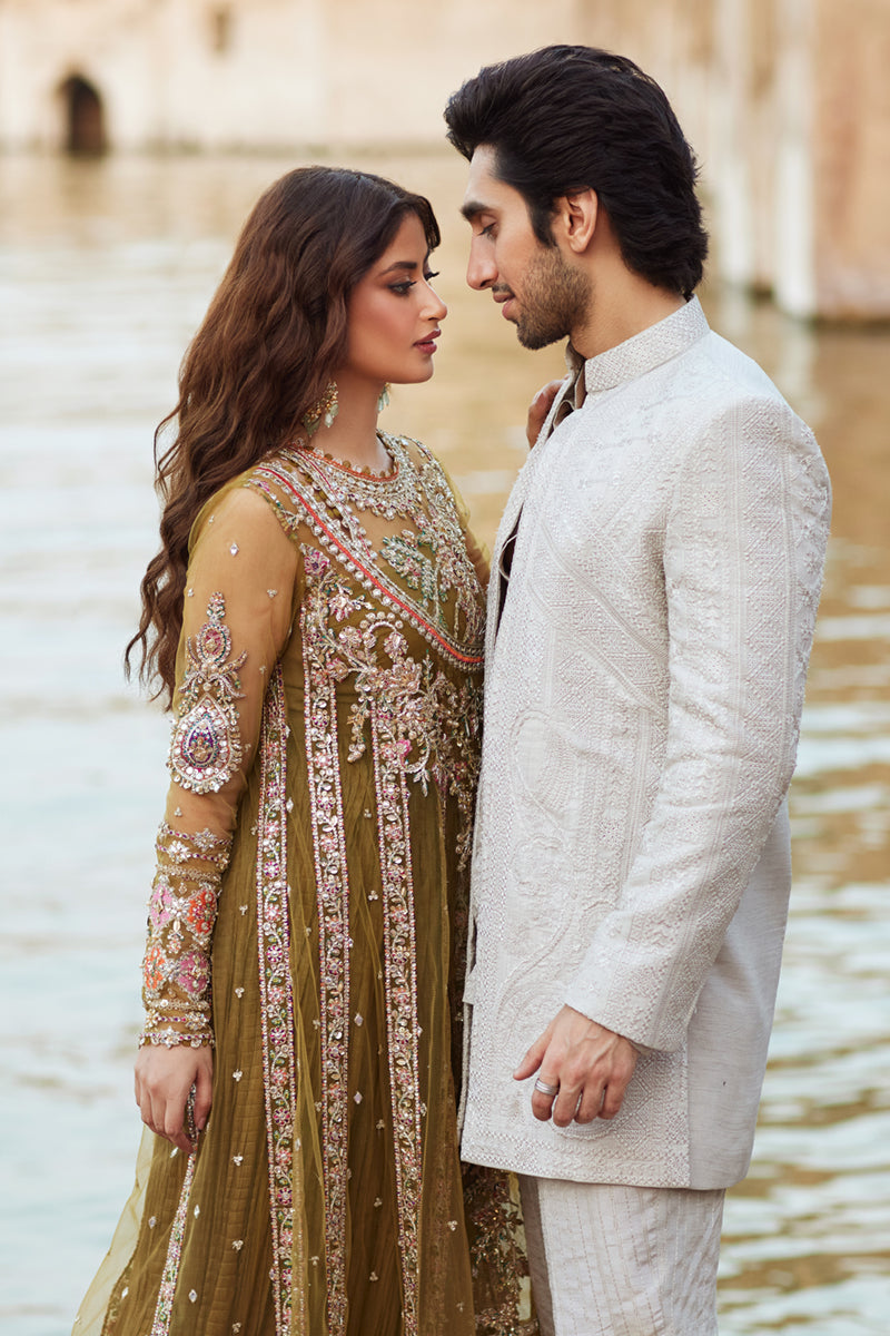 Olive Gotta Embroidered Net & Silk Pishwas (3-Piece) - Image 3