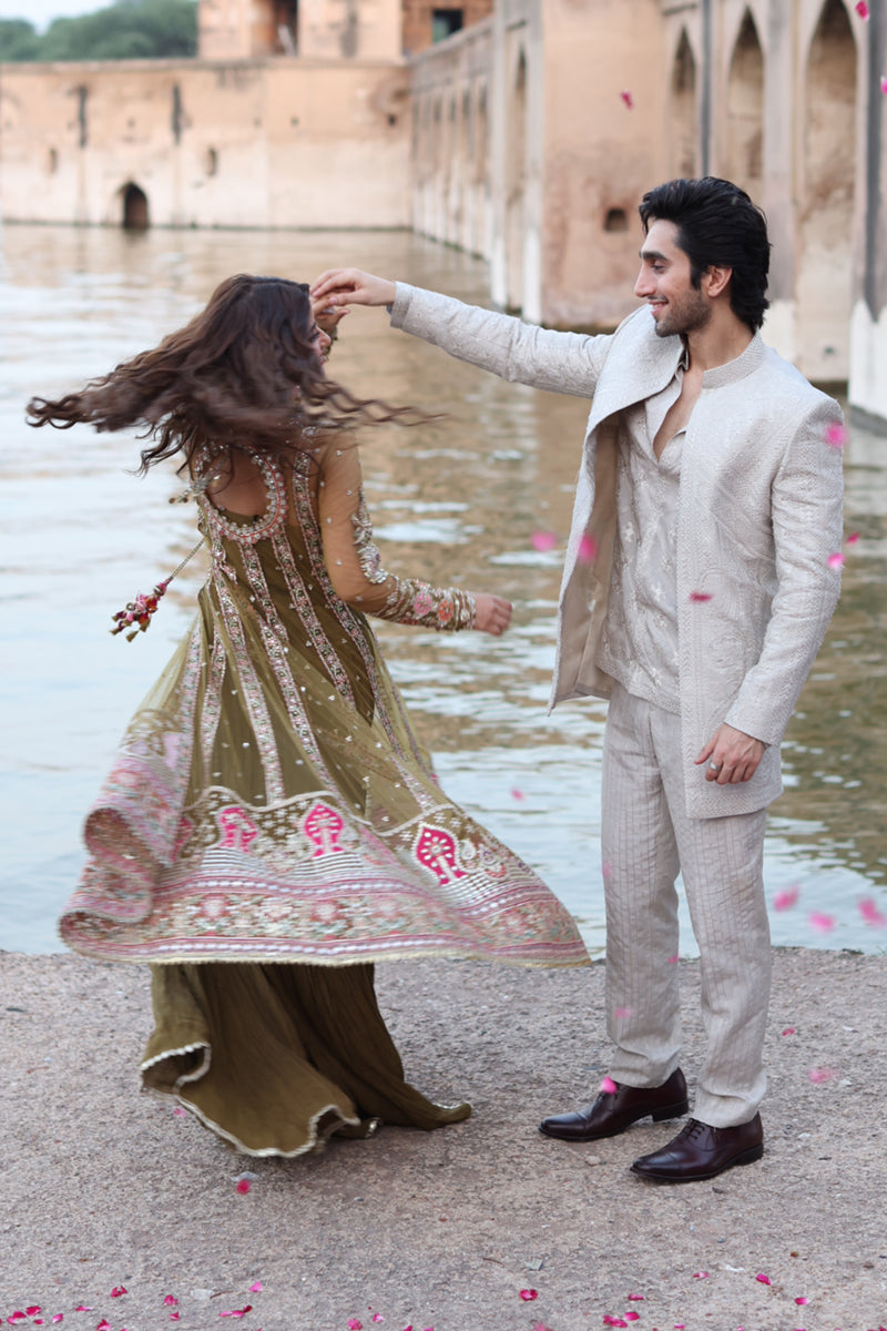 Olive Gotta Embroidered Net & Silk Pishwas (3-Piece) - Image 7