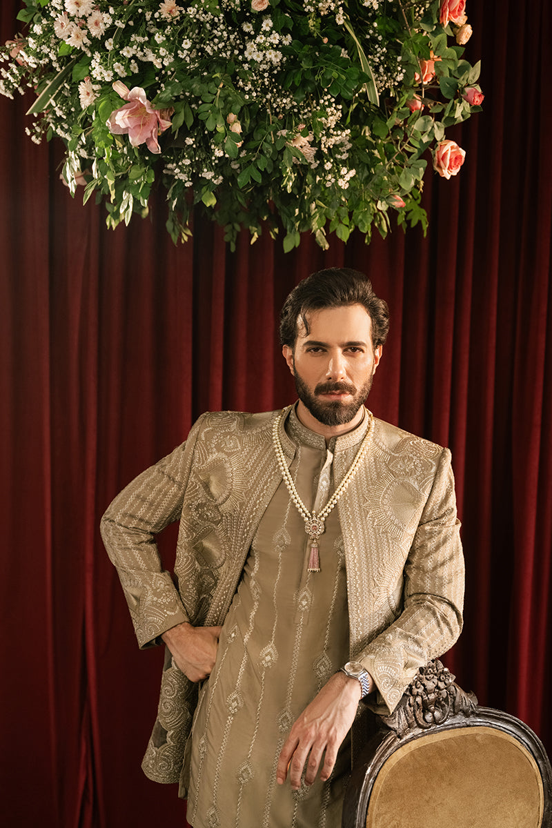 Olive Gold Tilla Embroidered Cotton Luxe Prince Coat (3-Piece) - Image 3