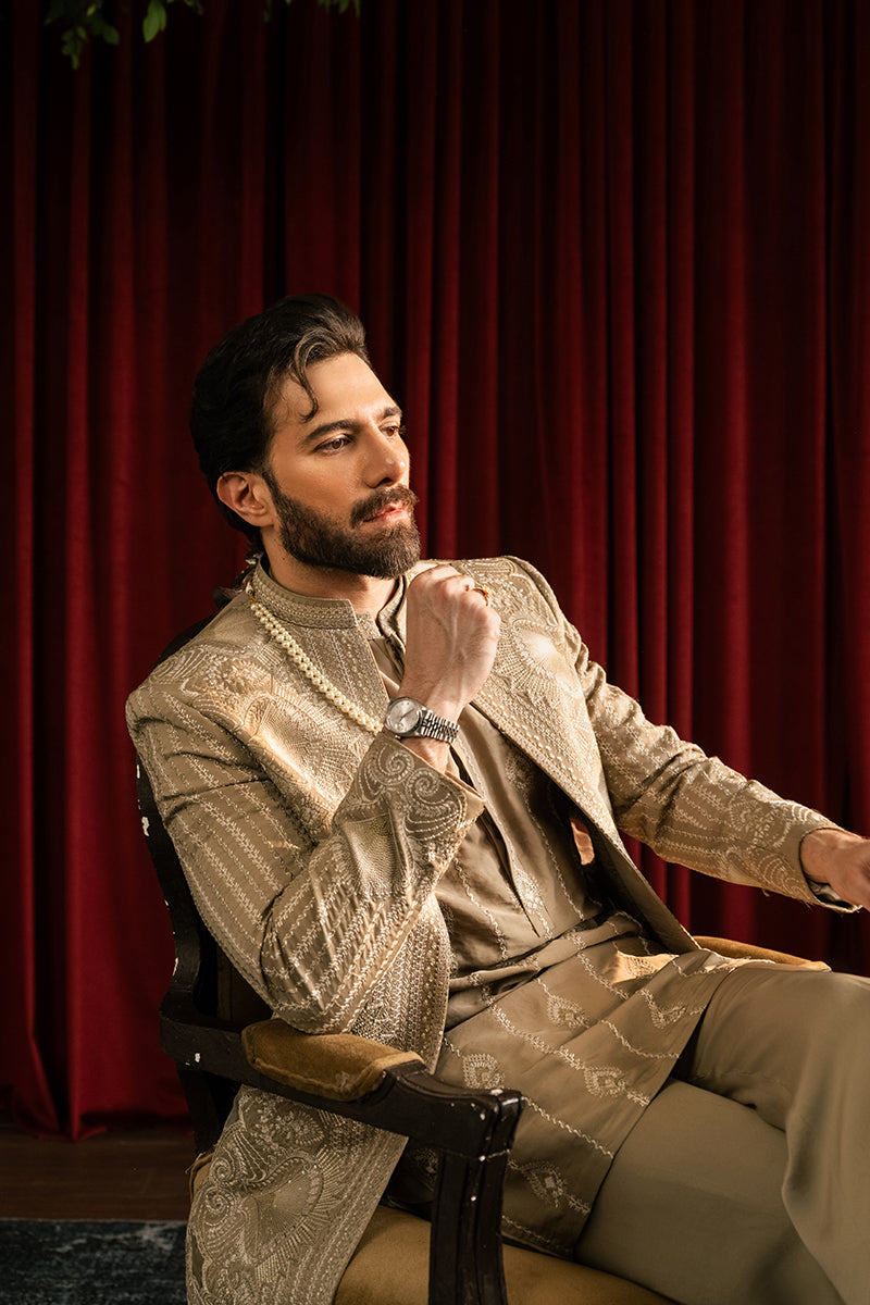 Olive Gold Tilla Embroidered Cotton Luxe Prince Coat (3-Piece) - Image 5