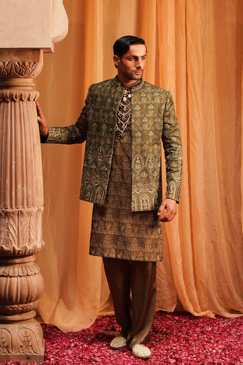 Olive Gold Embroidered Jacquard Prince Coat (3-Piece) - Image 2