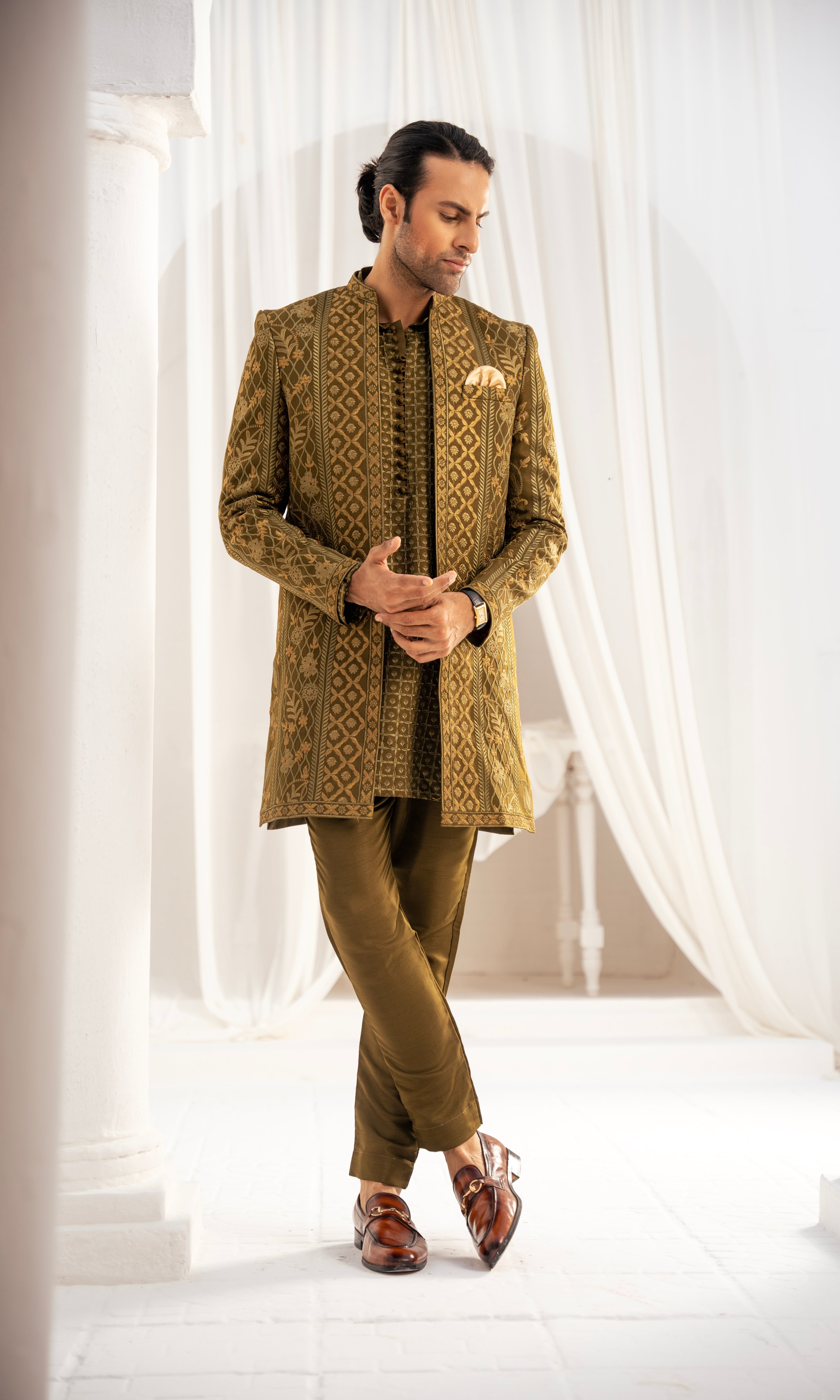 Olive Jacquard Prince Coat (2-Piece) - Image 2