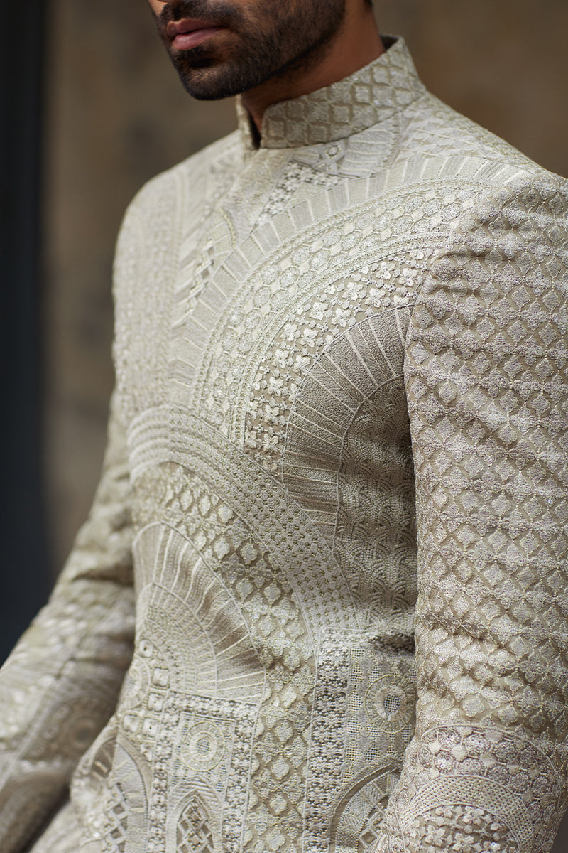 Olive Green Tilla Sequin Jamawar Prince Coat (1-Pc) - Image 3