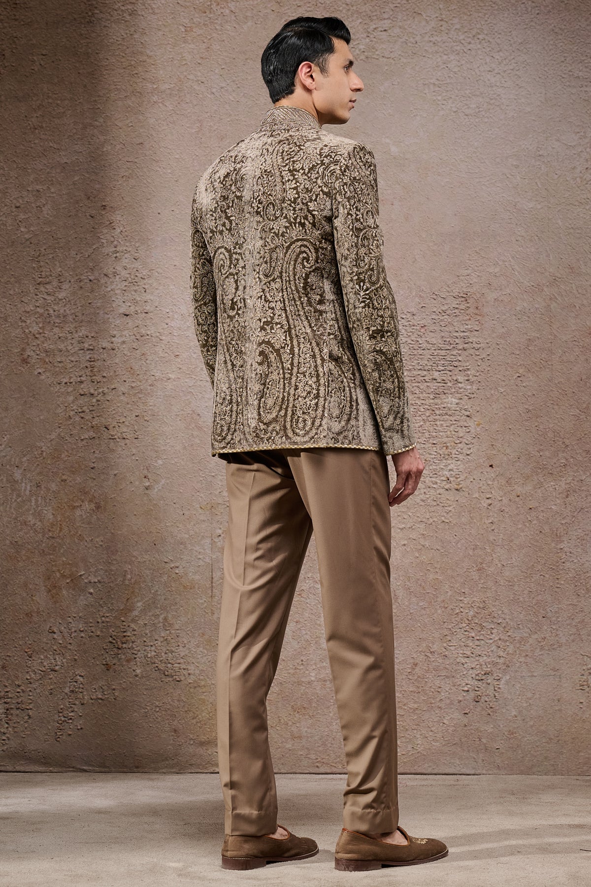 Olive Paisley Embroidered Silk Velvet Bandhgala (3-Piece) - Image 3