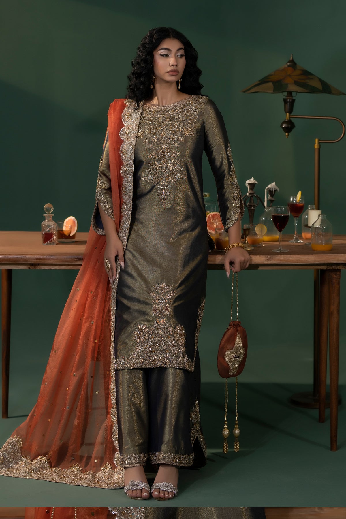 Pakistani Olive Embellished Masoori Salwar Kameez (3-Piece) - Image 1