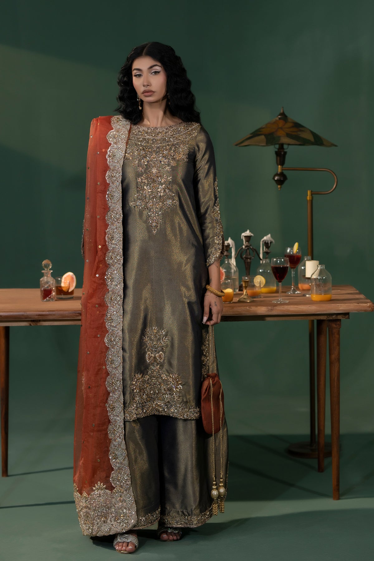 Pakistani Olive Embellished Masoori Salwar Kameez (3-Piece) - Image 2