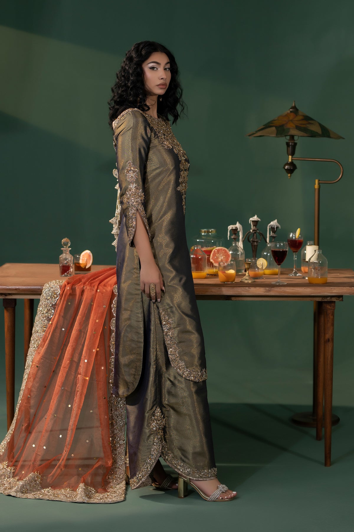 Pakistani Olive Embellished Masoori Salwar Kameez (3-Piece) - Image 3