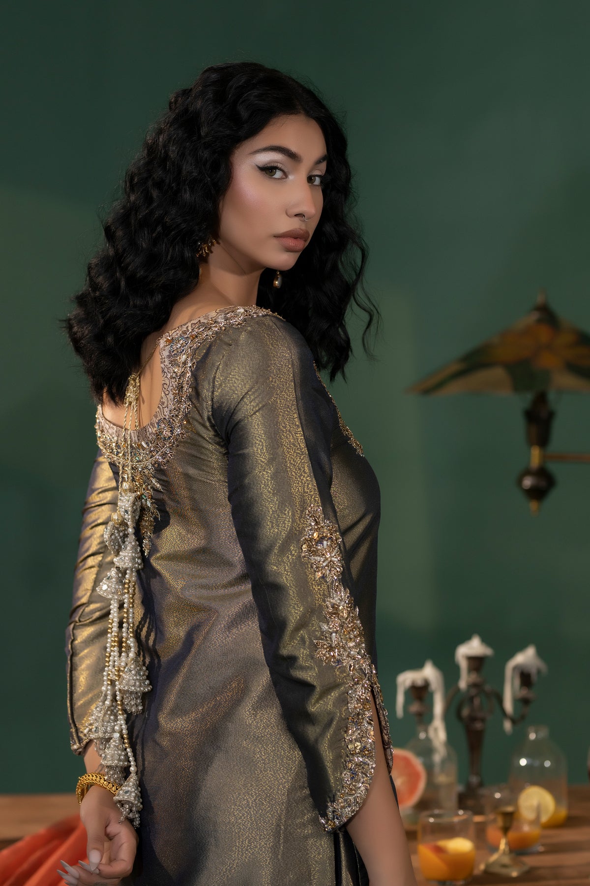 Pakistani Olive Embellished Masoori Salwar Kameez (3-Piece) - Image 4