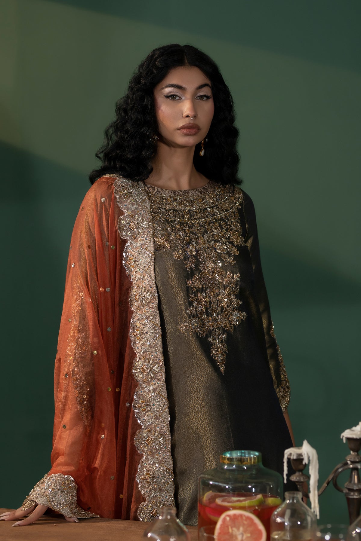 Pakistani Olive Embellished Masoori Salwar Kameez (3-Piece) - Image 5