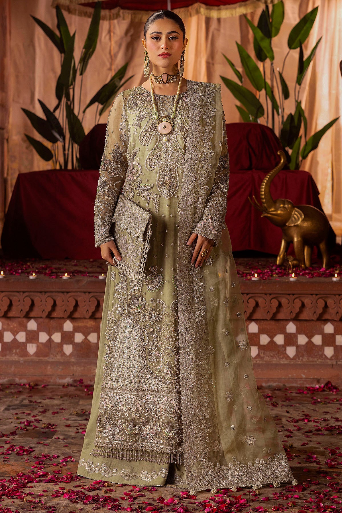 Pakistani Olive-Green Embroidered Organza Silk Bridal Salwar Kameez (3-Piece) - Image 1