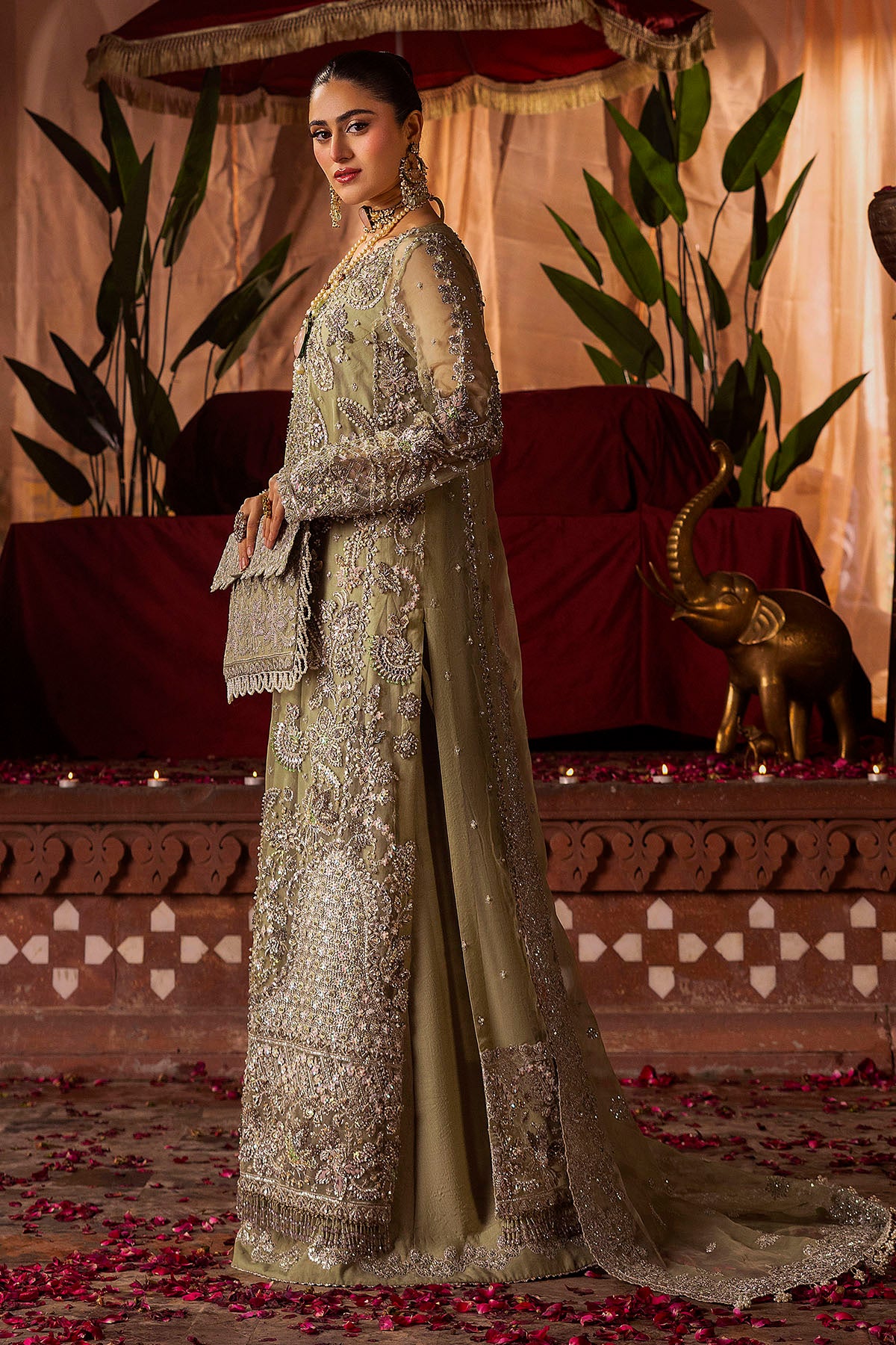 Pakistani Olive-Green Embroidered Organza Silk Bridal Salwar Kameez (3-Piece) - Image 2