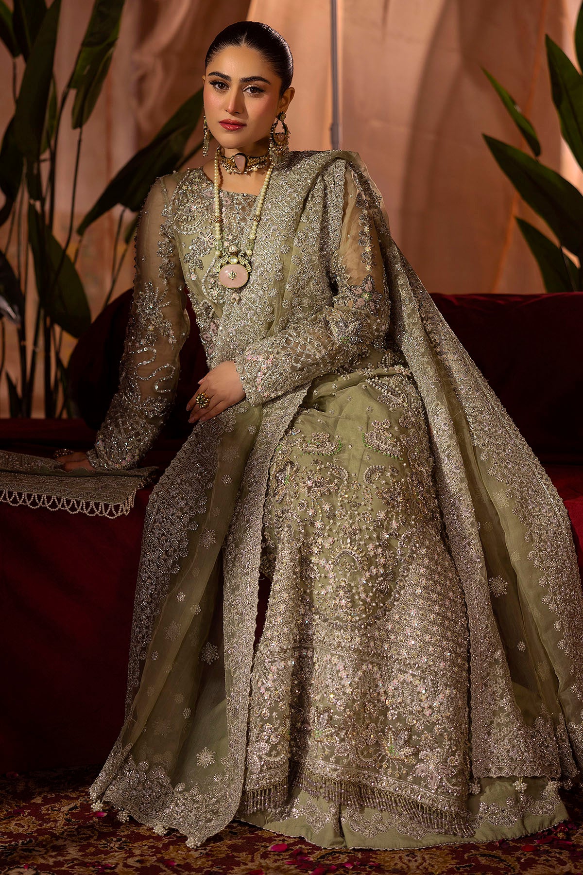 Pakistani Olive-Green Embroidered Organza Silk Bridal Salwar Kameez (3-Piece) - Image 3