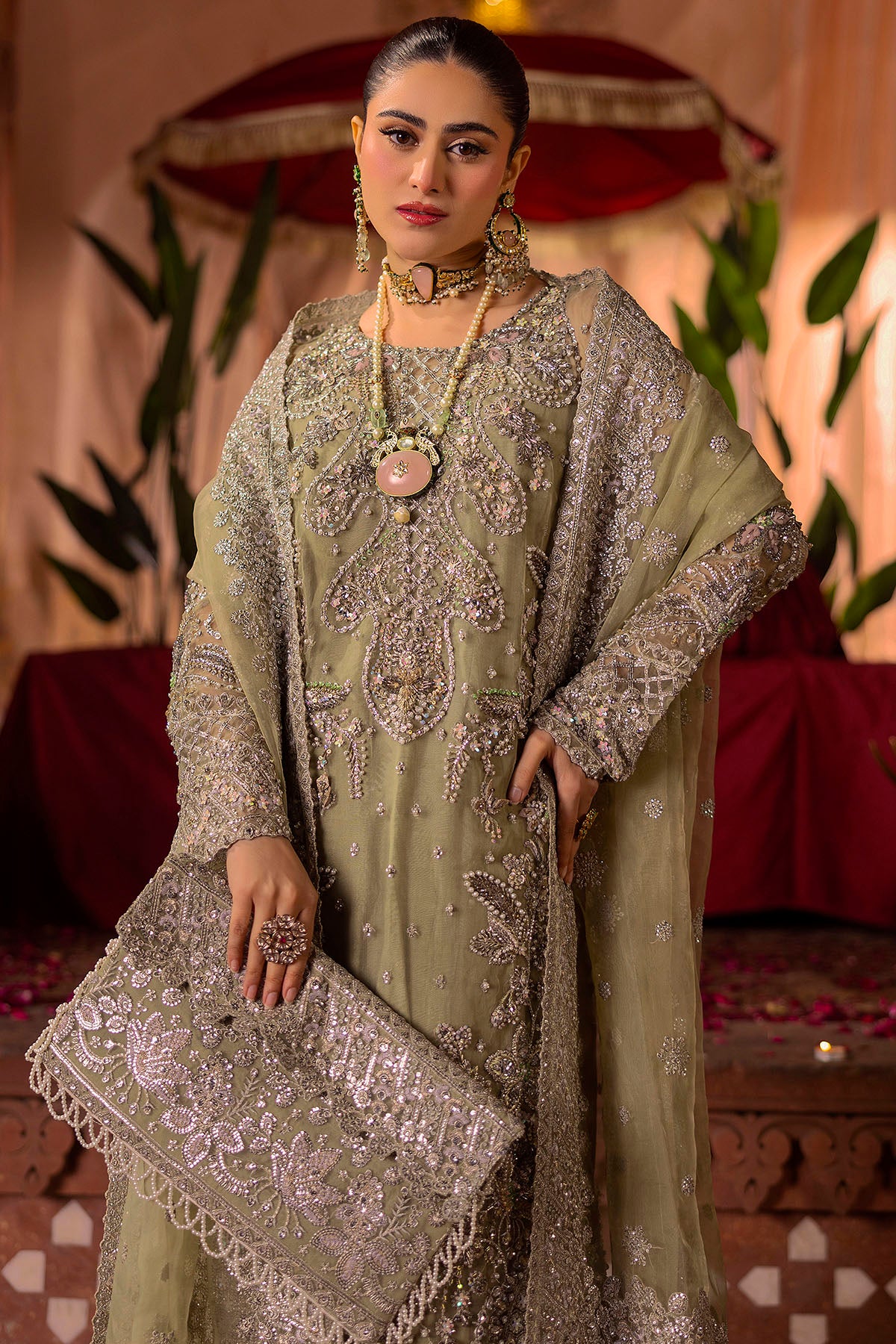 Pakistani Olive-Green Embroidered Organza Silk Bridal Salwar Kameez (3-Piece) - Image 4