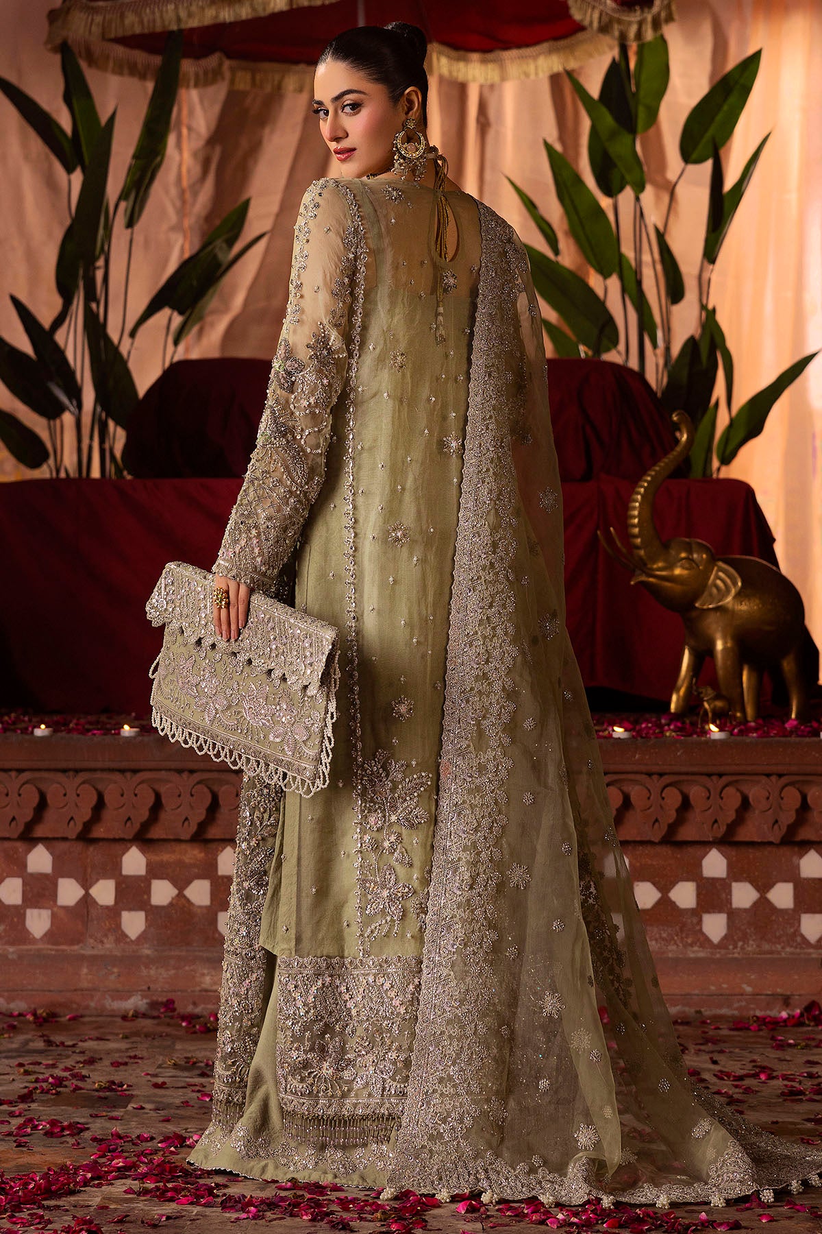 Pakistani Olive-Green Embroidered Organza Silk Bridal Salwar Kameez (3-Piece) - Image 6