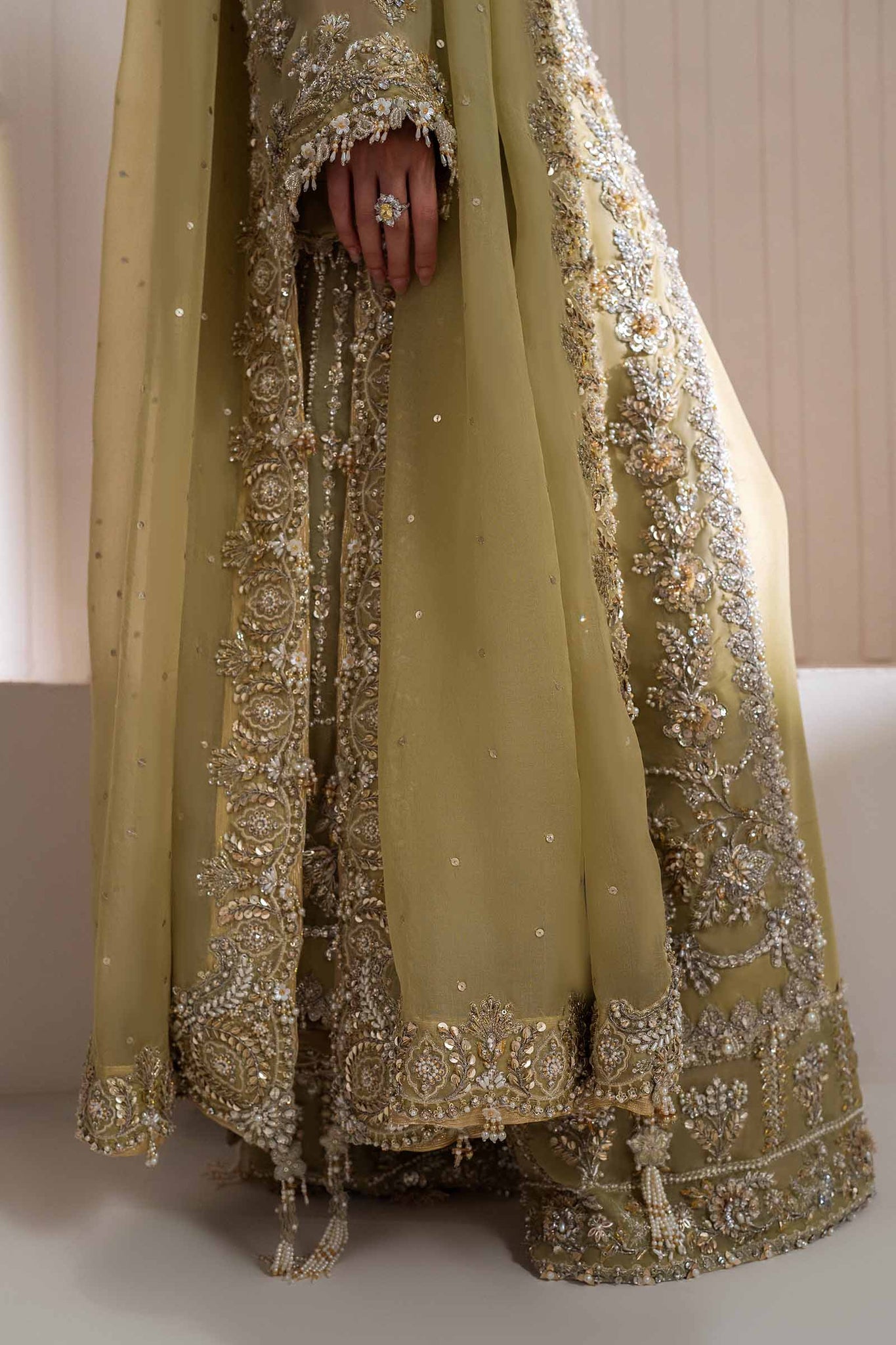 Olive Zardozi & Gota Organza Bridal Salwar Kameez (3-Piece) - Image 3