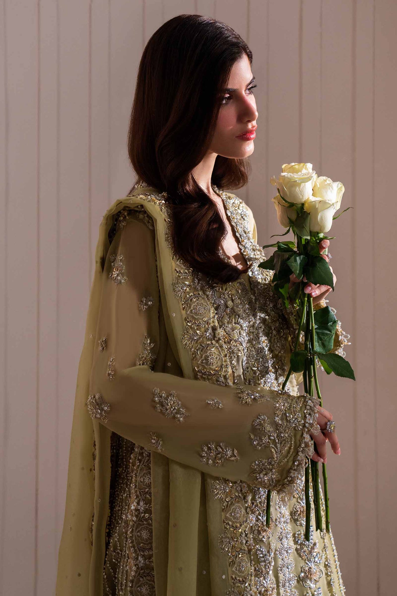Olive Zardozi & Gota Organza Bridal Salwar Kameez (3-Piece) - Image 4