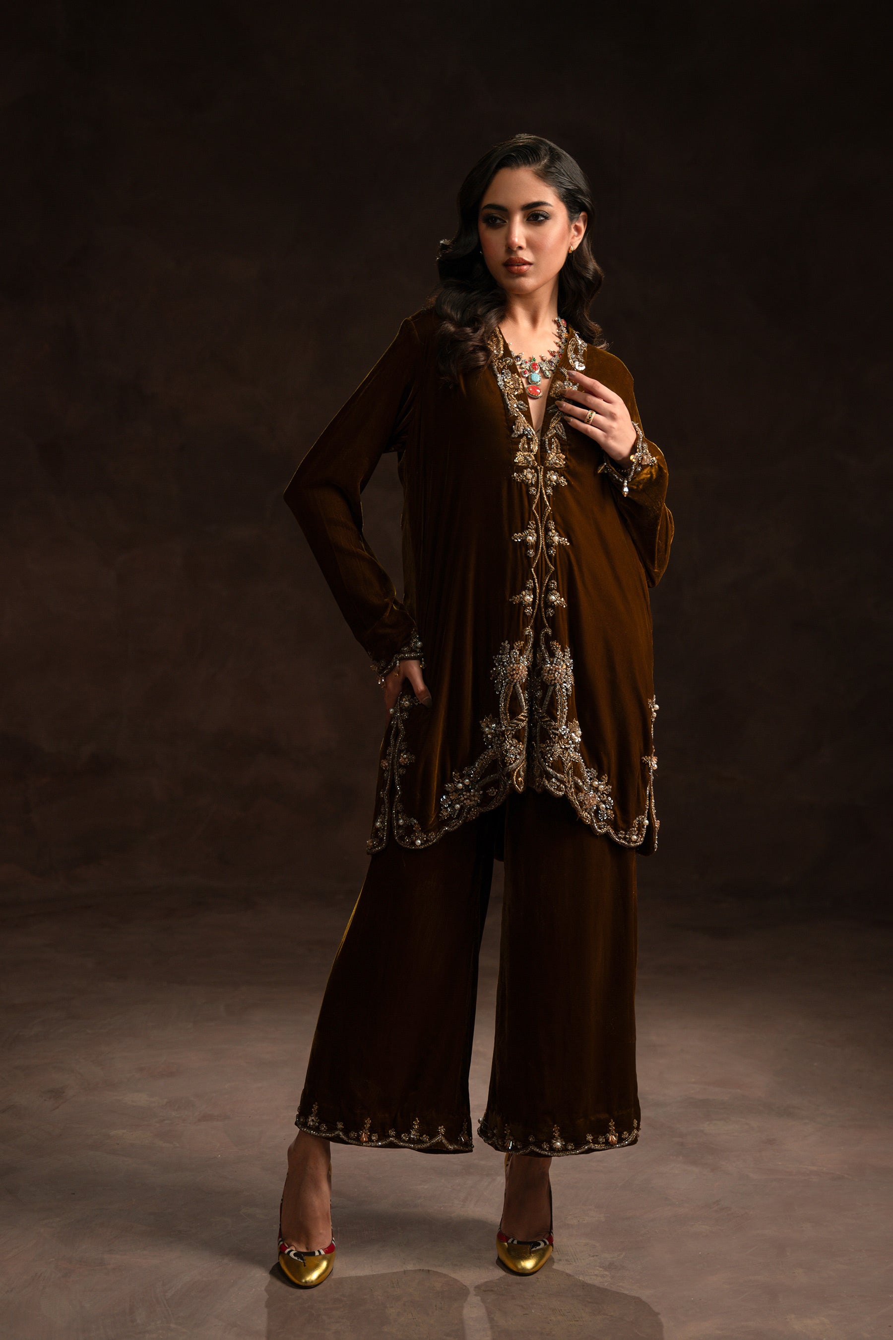 Pakistani Olive Brown Zardozi Velvet Salwar Kameez (2-Piece) - Image 1